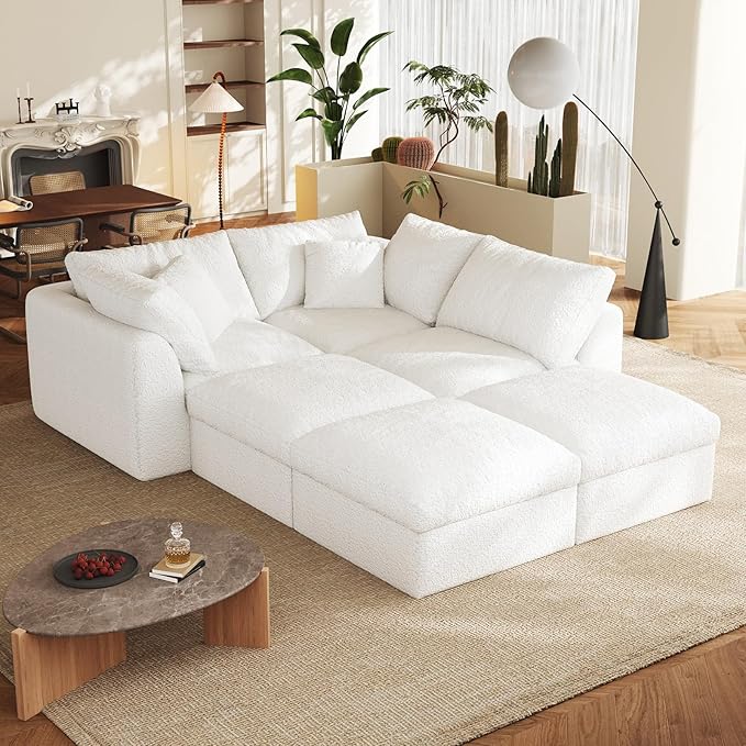 Cloud Sectional Couches 108 Boneless Sofa Bed Modular Sectional Sofa for Living RoomFreely ConfigurableDeep SeatingNon-Slip Bottom No Assembly Required(White3 Seater+3 Ottoman)