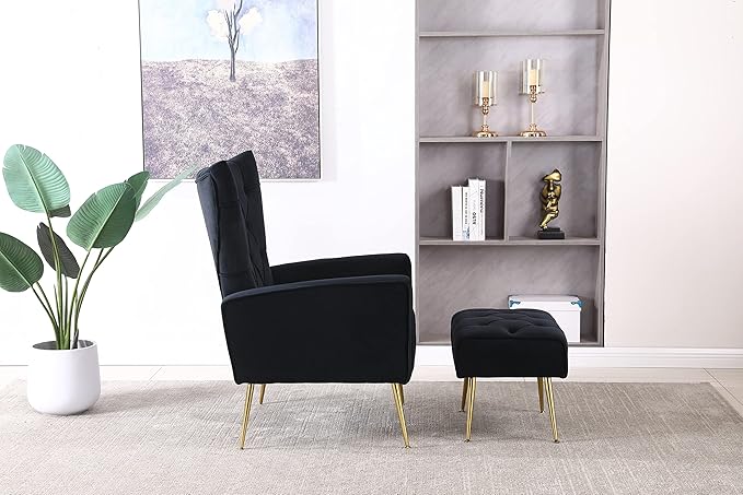 Modern Accent Chair with Ottoman Comfy Armchair for Living Room Bedroom Apartment Office (Black)