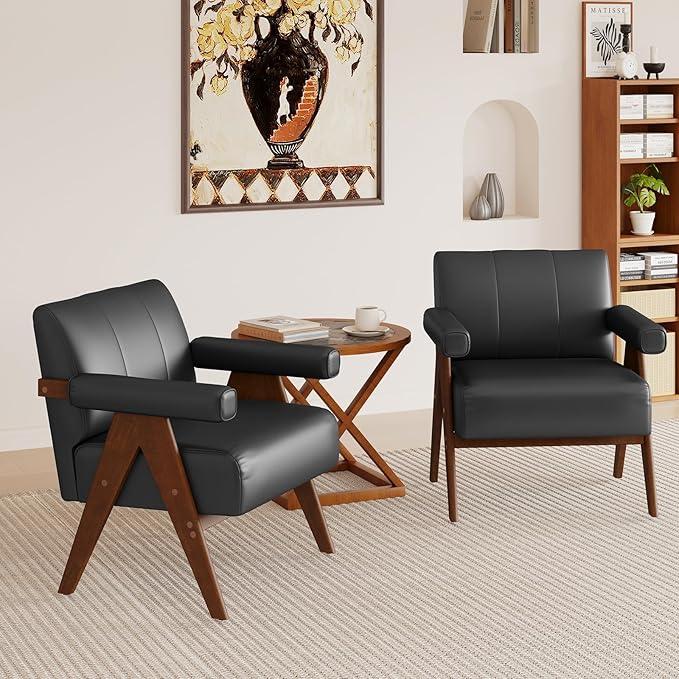JIASTING Mid Century Modern Accent Chair Set of 2 Black Leather Office Reading Accent Chairs Small Comfy Side Arm Chairs for Living Room Bedroom Wood Arms (2 Black)