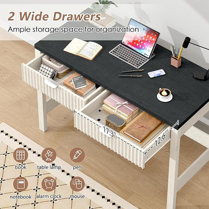 Fluted Computer Desk with 2 Drawers 39 Inch Small Computer Desk with Storage Compact Writing Study Desk for Small Spaces Black and White
