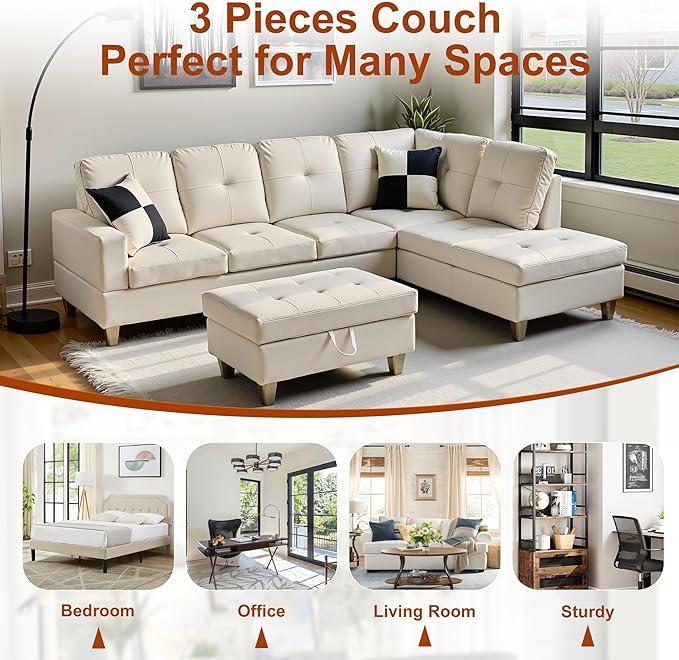 L Shaped Couch Faux Leather Sectional Couch Upholstered 3 Pieces Sofas for Living Room with Chaise Ottoman with Storage for Office and Small Apartment White