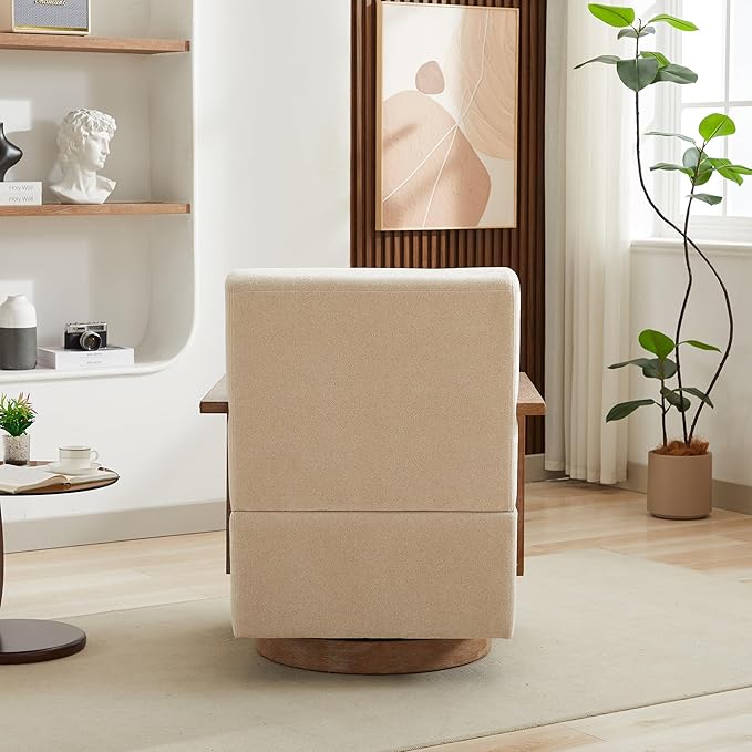 30.3 W Swivel Accent Chair with Solid Wood Armrests Modern Upholstered Armchair with Rubberwood Base 360 Degree Comfy Lounge Reading Chair for Living Room Bedroom or Office (Beige)