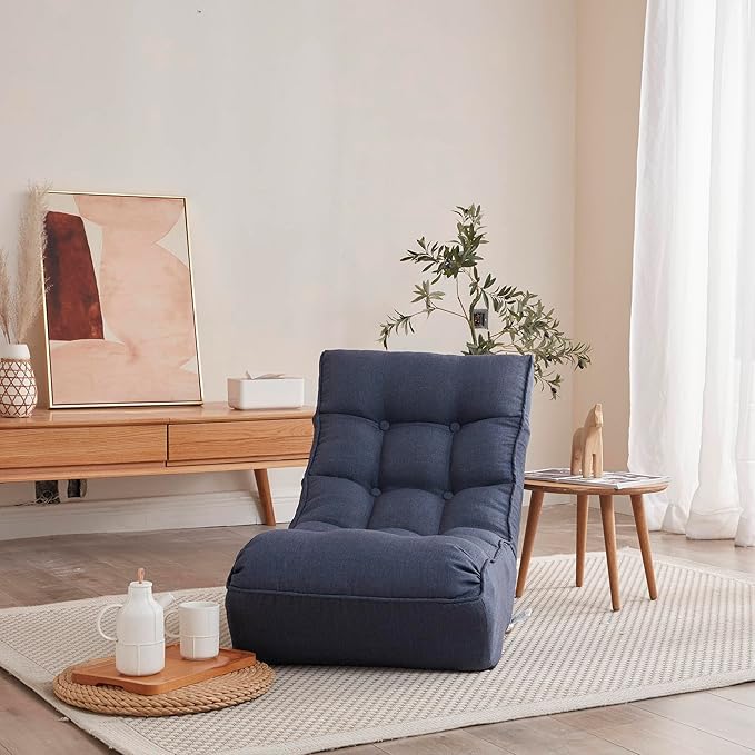Adjustable Japanese Reclining Chair Multifunctional Lazy Sofa Floor Chair for Living Room Bedroom Balcony Tatami Ergonomic Design Spring Built-in Metal Frame Navy