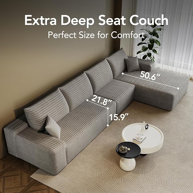 135.6 Boneless Sectional Couch Modern Modular L - Shape Corduroy Upholstered Sofa for Living Room - Deep Seat with Chaise (Grey 3 Seater+Right Facing Chaise)