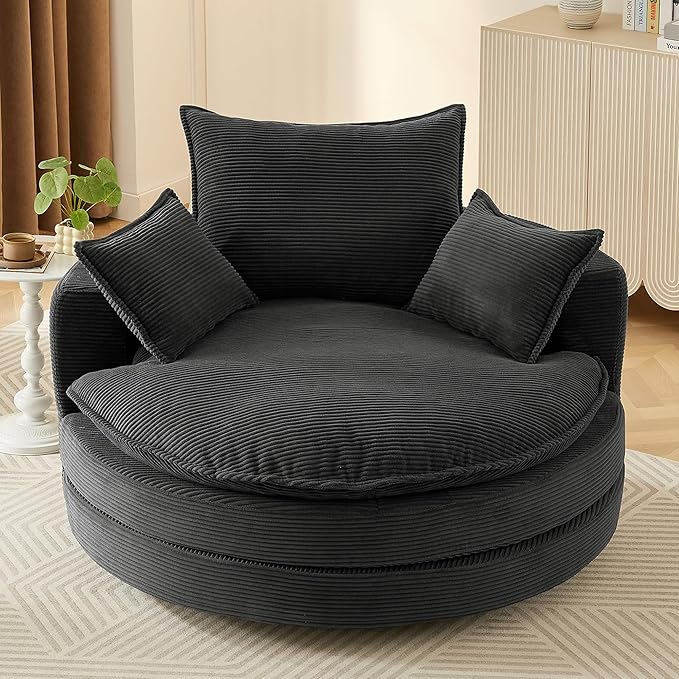 360° Swivel Sofa Chair Accent Barrel Chair 57.5 Swivel Round Chair with Dual-Layer Cushion Design and 3 Removable Pillows for Living Room Bedroom Office and Hotel (Black)