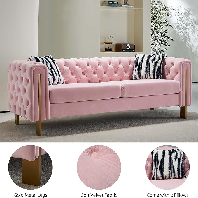 Dolonm Modern Velvet Sofa for Living Room 84 Inches Long Tufted Couch Upholstered Sofa with 2 Pillows High Arm and Metal Legs Decor Furniture for Bedroom Office (Pink)