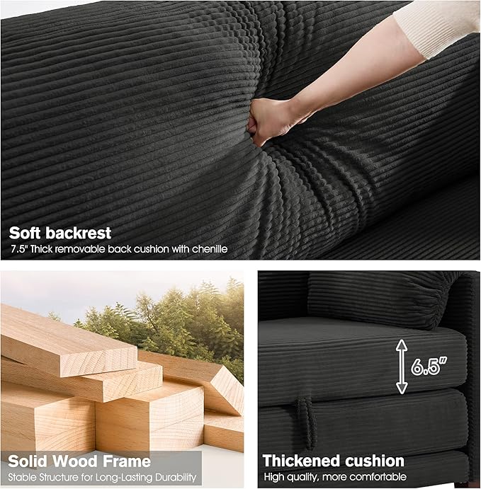 51 Loveseat Sleeper Sofa Bed Corduroy Convertible Floor Sofa Bed for Small Spaces Folding Couch Bed with Deep Seat 2 Pillows &amp Solid Frame Pull Out Floor Couch for Living Room Black