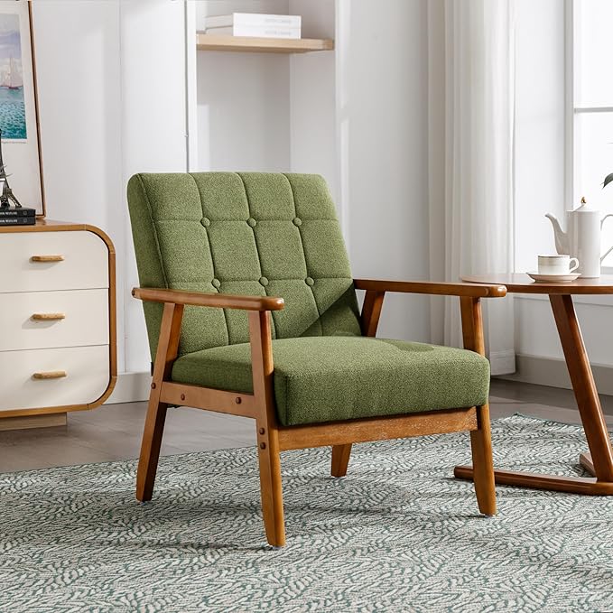 Modern Accent Chair Mid-Century Linen Armchair with Solid Wood Armrests Button-Tufted Comfortable Cushioned Reading Chairs for Living Room Bedroom (Green