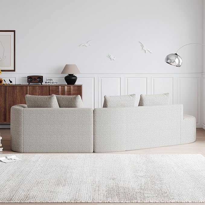 112-inch Curved Sofa Modular Sectional Modern Oversized Chenille Cloud Memory Foam Compression Boneless Sofa Couch with 4 Pillows for Living Room Bedroom Office Left Facing Chaise Beige