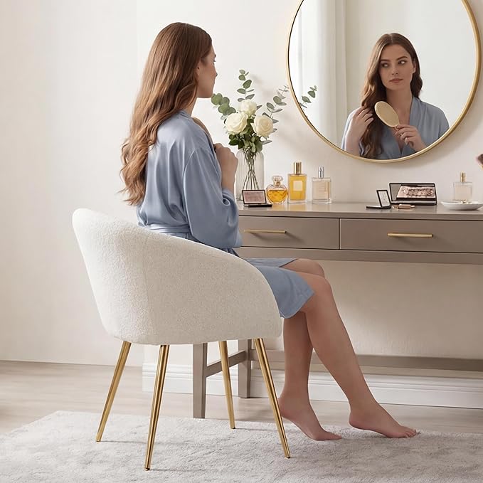 Modern Vanity Chair Living Room Chair with Gold Metal LegsTeddy Fabric Dining Chair Comfy Accent Chair for Makeup Room Waiting Room Dressing Room Bedroom Dining Room Home Office (White 2PCS)
