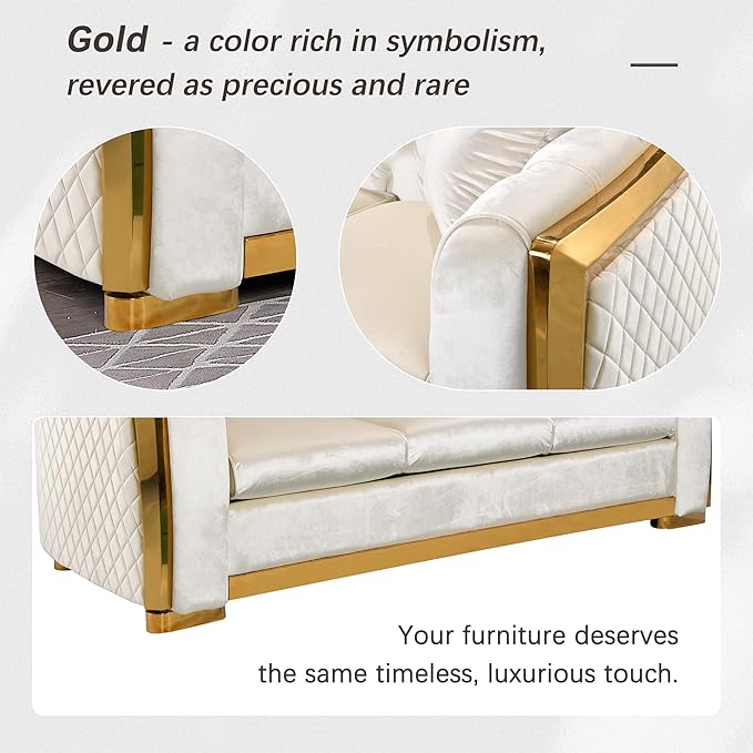 Golden Trimmed Chesterfield Sofa for Living Room Modern Elegant 81'' Button Tufted Curved Arm Velvet Couch with Golden Legs for Lounge Extra Higher Backrest Easy Assembly Cream Beige