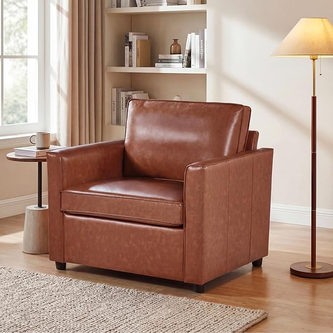 Faux Leather Armchair for Living Room Mid-Century Accent Chair with Deep Seat Cushion Upholstered Comfy Reading Chair Single Sofa Chair for Bedroom Apartment Office Brown