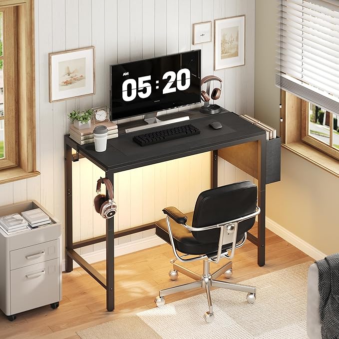 Computer Desk with LED Lights Gaming Desk with Storage Bag and Breathable Mesh Desktop Home Office Desk with Headphone Hook for Home Office Gaming Room Black and Gray DN07DBB