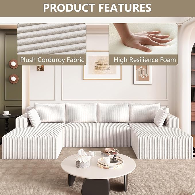 124 U Shaped Cloud Couch Sectional Corduroy Upholstered 4-Seater Cloud Couches for Living Room Deep Seat Modular Boneless Sofa with Lounge Chaise No Assembly Required White