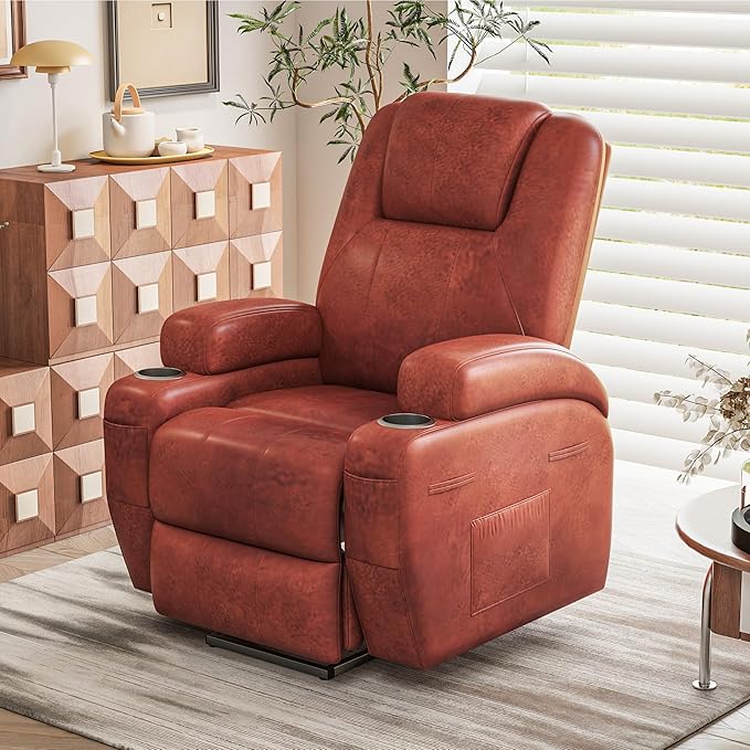 Furmax Electric Power Lift Recliner Chair with Massage for Elderly Corduroy Fabric Recliner Single Sofa with Cup Holders Side Pockets and Remote Control for Living Room Bedroom (Leathaire Brown)