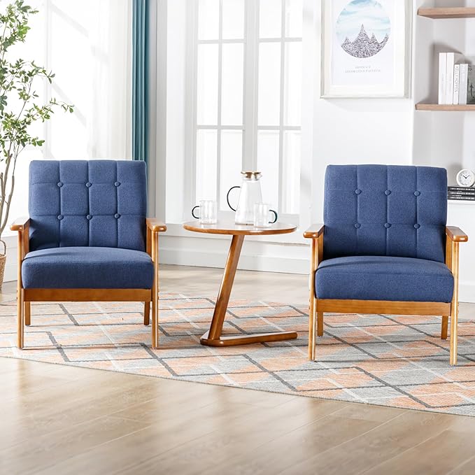 Linen Accent Chair Set of 2 Mid-Century Modern Armchair with Solid Wood Armrests Button-Tufted Comfortable Cushioned Reading Chairs for Living Room Bedroom (Navy