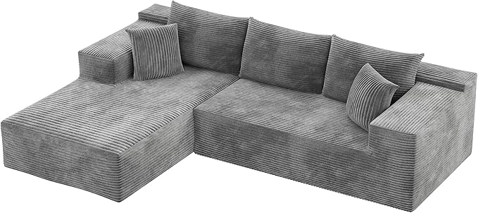 VICTONE 108” Cloud Sectional Couches Boneless Couch Modular L-Shaped Sofa with Deep Seat Modern Comfort Upholstered Sofas for Living Room No Assembly Required (Corduroy Grey)