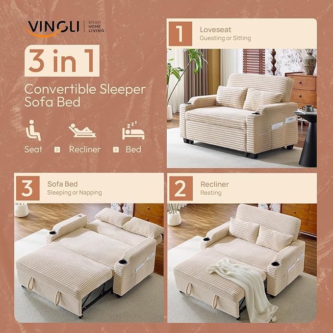VINGLI Beige Futon Sofa Bed Convertible Loveseat Sleeper Sofa Couch Corduroy Pullout Sofa Fold Out Couch Bed with USB Ports Cup Holders Armrest for Living Room Bedroom Apartment Room | Loveseat Sl