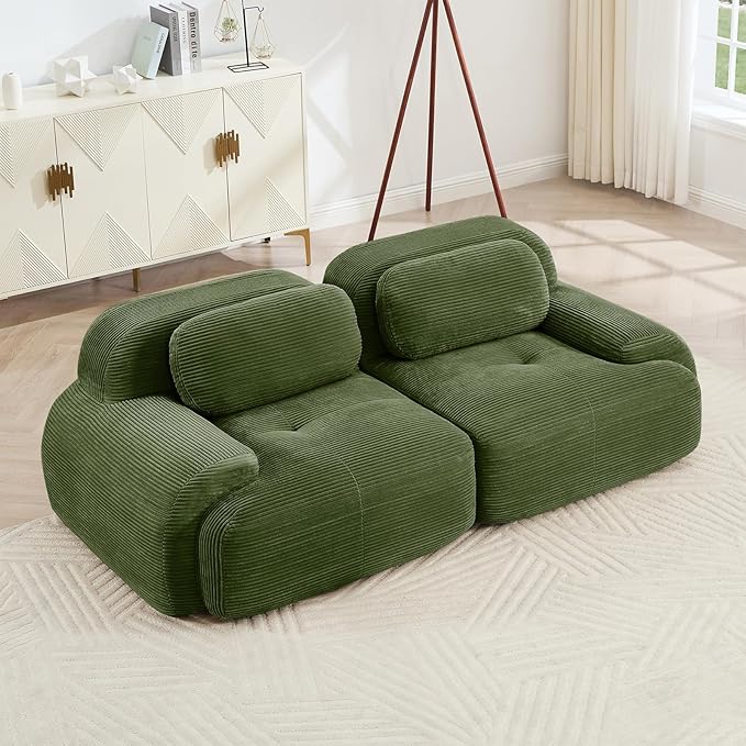 80 Modern Modular Boneless Sectional Couches for Living Room 2 Seater Deep Seat Compressed Sofa Set No Assembly Required Corduroy Fabric Cloud Comfy Loveseat Sofas para Sala Green