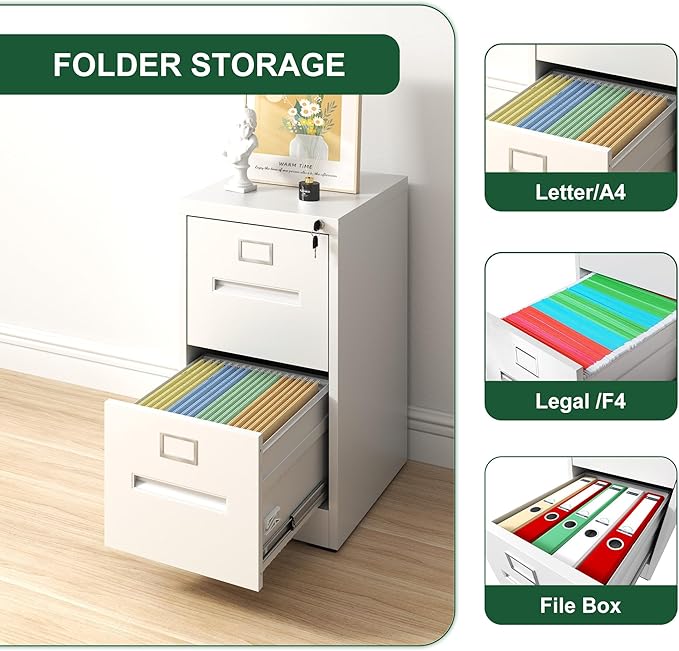 2 Drawer File Cabinet with LockSmall Filing Cabinet Under Desk Storage Organizer for HomeA4 Legal/Letter Size Office Locking DrawersAssembly RequiredWhite