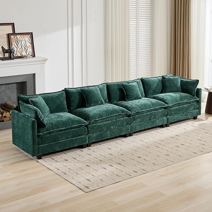 149.6 Modern Cozy Sectional Couches for Living Room Green Chenille Comfy Cloud Couch Sectional 4 Seater Couch for Living Room Sofas para Sala I Shaped Sofas &amp Couches (Green 4+0 Set)
