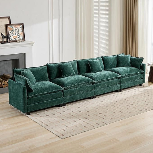 149.6 Modern Cozy Sectional Couches for Living Room Green Chenille Comfy Cloud Couch Sectional 4 Seater Couch for Living Room Sofas para Sala I Shaped Sofas &amp Couches (Green 4+0 Set)