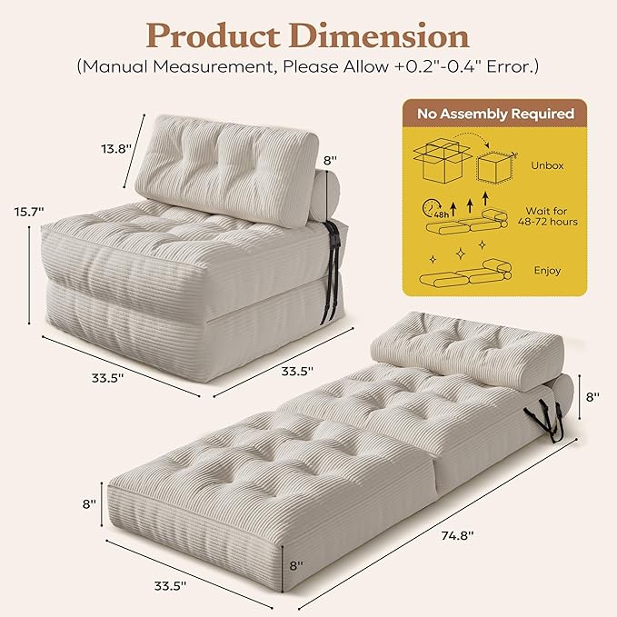Folding Sofa Bed Convertible Foam Couch Bed Comfy Foldable Mattress Sleeper Chair with Pillow Small Floor Sofa Lounge for Living Room Bedroom Apartment Small Space Beige