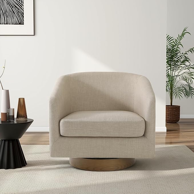 Swivel Barrel Chair Modern Round PU Leather Accent Armchair for Living Room Bedroom Oversized Comfy Club Reading Chairs for Adults (Fabric Light Brown Set of 2)