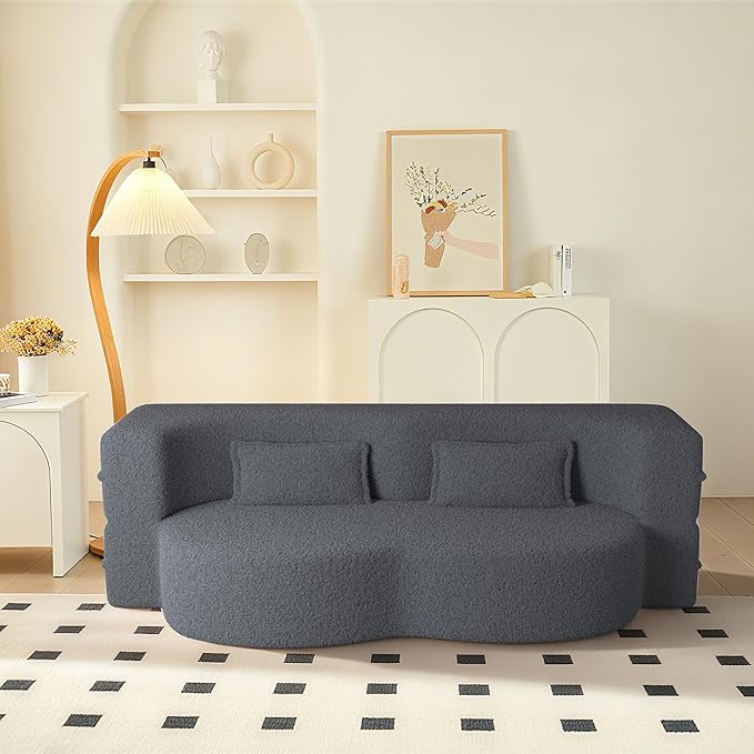 78 Convertible Sofa Bed 2-in-1 Folding Floor Couch with 2 Pillows Sleeper Sofa for Living Room and Bedroom No Assembly Required (Grey Teddy Fabric)