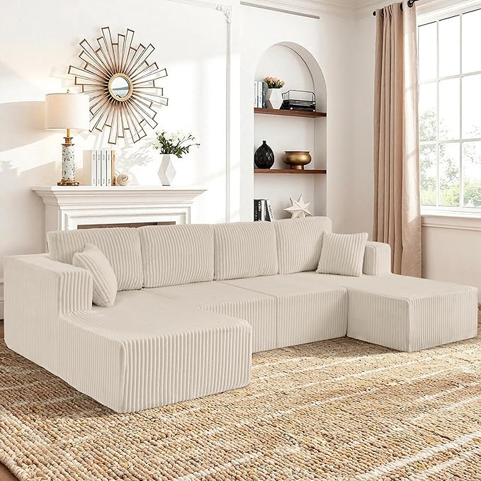 161 Oversized Cloud Boneless Sofa Couch with Chaise Modern Corduroy Modular Sectional Sofa with Deep Seat Comfy U Shaped Couch with Memory Foam for Living Room No Assembly Required (Beige)