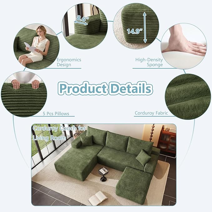 95 Cloud Sectional Couch with OttomanModern U-Shaped Cloud Couch with Deep SeatComfy Corduroy 3-Seater SofaMemory Foam Sofa for Living RoomNo Assembly (GreenLeft-Facing Chaise)