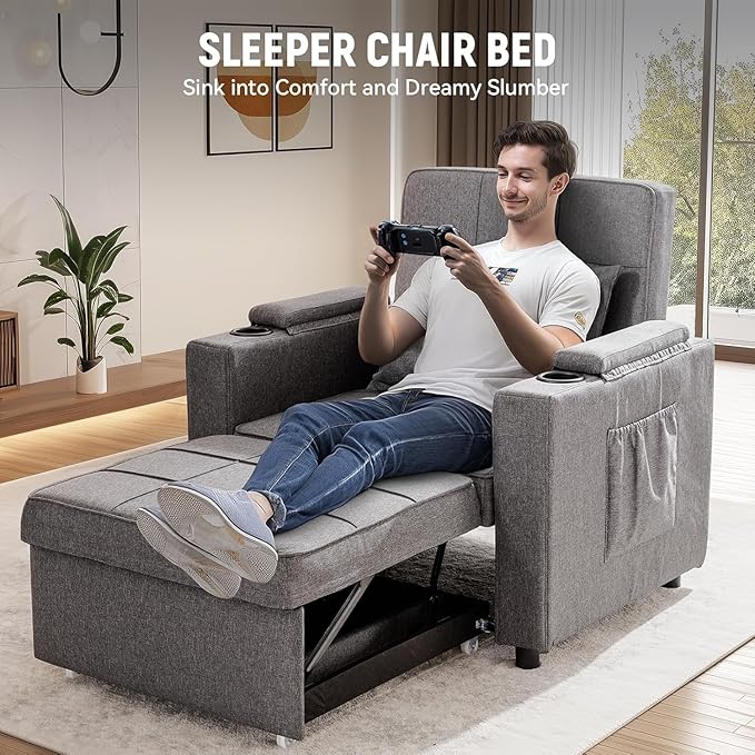 LUCKLIFE 3-in-1 Sleeper Chair BedPull-Out Convertible Sofa Bed Armchair with Cup HoldersSide Pocket and Under-Bed Storage for Living Room&ampBedroom (Grey)