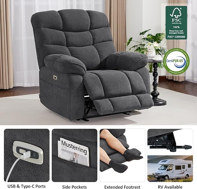 MCombo 27'' Oversized Recliner Power Recliner Chair for Big and Tall Zero Gravity Recliner with USB Charge Ports Side Pockets for Living Room Fabric PR677 (Dark Grey)