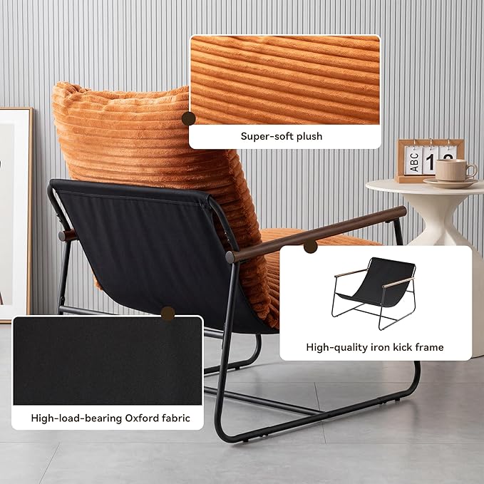 COSIEST Accent Chair for Living Room Modern Armchair with Wood Arms Retro Ribbed Upholstered Lounge Chair with Black Metal Frame Comfy Reading Chair for Bedroom Office Brown