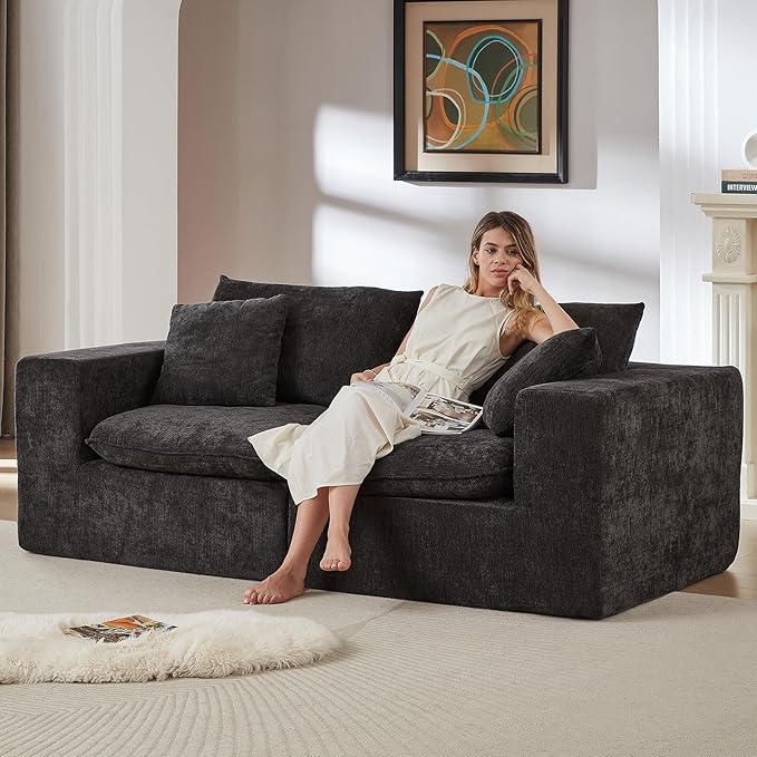 78” Cloud Loveseat Sofa with Cushions Boneless Couch in a Box Chenille Foam Couch for Bedroom Living Room Apartment Modern Small No Assembly (Black)