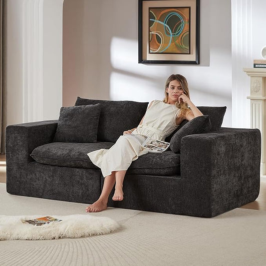 78” Cloud Loveseat Sofa with Cushions Boneless Couch in a Box Chenille Foam Couch for Bedroom Living Room Apartment Modern Small No Assembly (Black)