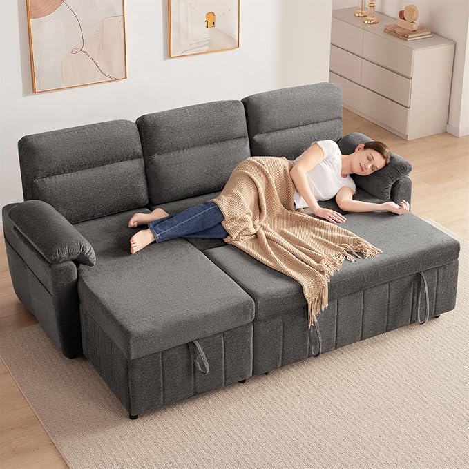 Tbfit 84’’ Queen Sleeper Sofa Couch with Pullout Bed 3 in 1 Cloud Sofa Bed Couch with Storage Chaise &amp USB Chenille Convertible Sleeper Sofa Pull Out Sofas for Living Room Small Spaces Dark G
