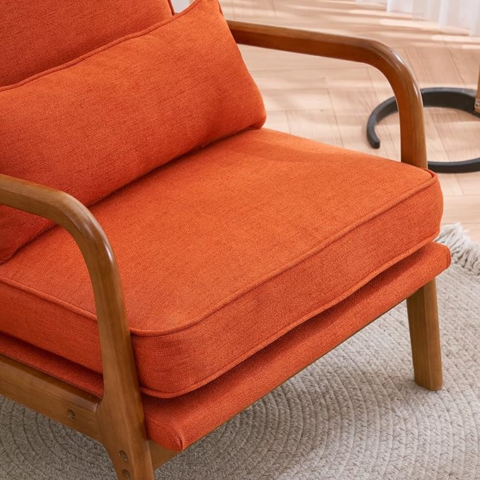 Mid-Century Modern Accent Chair with Throw Pillow Upholstered Fabric Armchair Oak Wood Frame Reading Chair for Living RoomBedroomReadingBalcony (Orange)