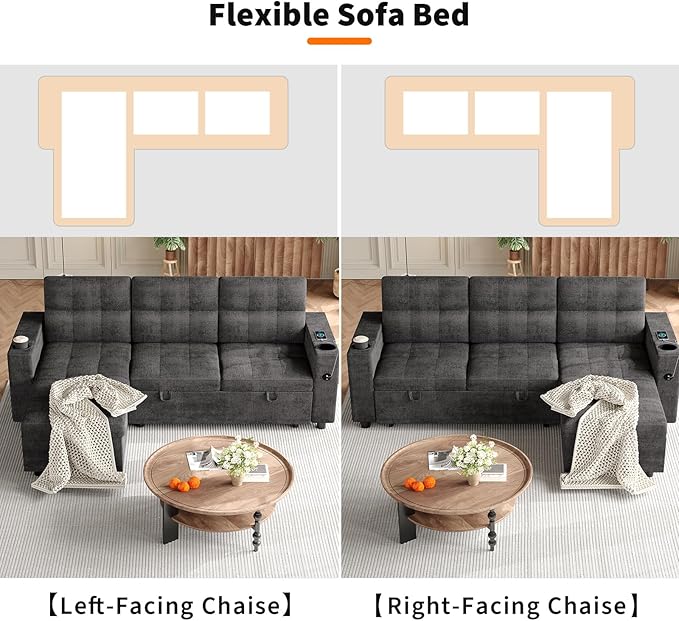 IDEALHOUSE Couches for Living Room 84'' Sofa Bedl-Shaped Sectional Sleeper Sofa with Pull Out BedReversible Storage Chaises Hidden Storage ArmrestsCup Holders &amp USB Charging Ports