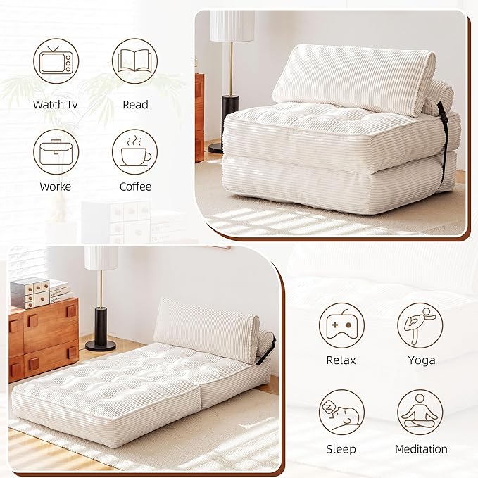 GYUTEI Folding Sofa Bed Convertible Sleeping Chair with Backrest Support and Soft Corduroy FabricFold Couch Bed with Pillow for Small Spaces/Living Room/Bedroom/Apartment Single SizeBeige