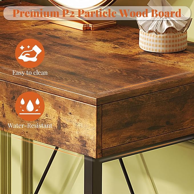 VERMESS 40 Inch Solid Wood Desk with Drawers Small Computer Desk for Small SpaceModern Makeup Vanity Desks No Mirror Writing/Study/Work Table for Home Office Kids Desks for Bedroom Rustic Brown