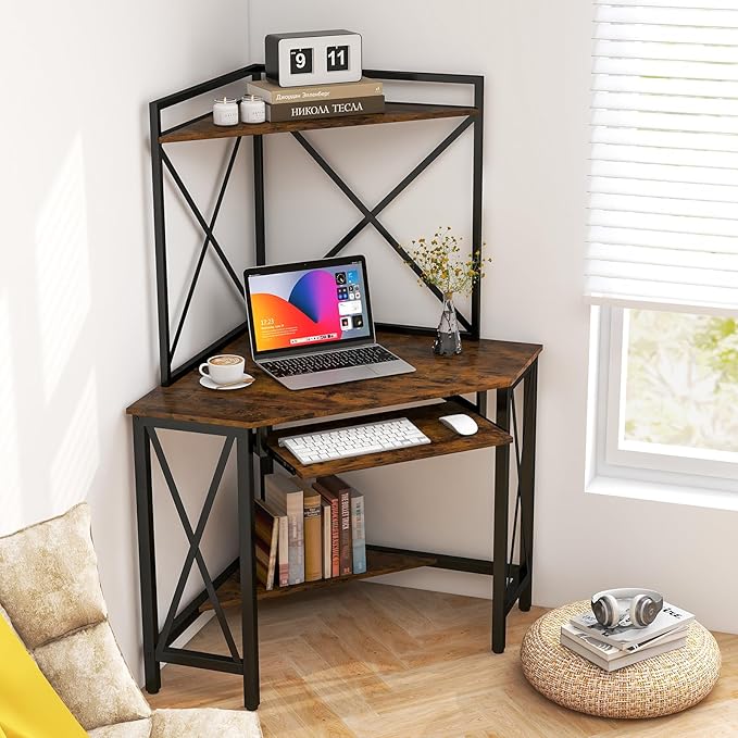 Tangkula Corner Desk with Hutch &amp Charging Station Space-Saving Computer Desk with Shelves &amp Keyboard Tray Triangle Home Office Desk with Metal Frame Corner Desk for Small Space