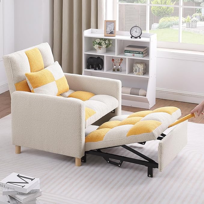 Sleeper Chair Bed Multi-functional Convertible Chair Sleeper Teddy Fabric Adjustable Single Pull Out Sofa Bed with Lumbar for StudioDorm Apartment BedroomOfficeLiving Room (Beige&ampYellow)