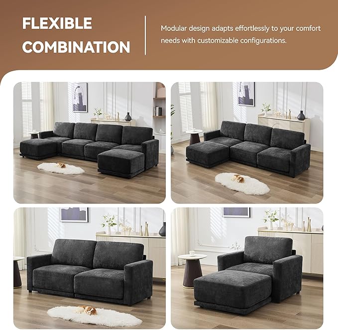 110.6 L Shaped Sectional Sofa Modular Cloud Deep Seat Couch with Movable Ottoman Oversized Thicked 4-Seats Sofas for Living Room Chenille Black