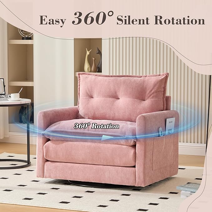 Swivel Accent Chair 360° Rotation Chenille Upholstered Leisure Armchair with Lumbar Pillow Thick Padded Arm Chair with Metal Base Single Sofa Chair for Living Room BedroomOffice (Pink)