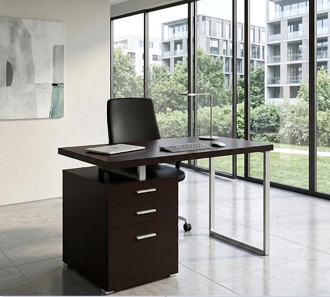 CARTESIAN Vertex Reversible 47 Inch Office Computer Desk with 3 Drawers Cappuccino Finish Silver Metal Frame
