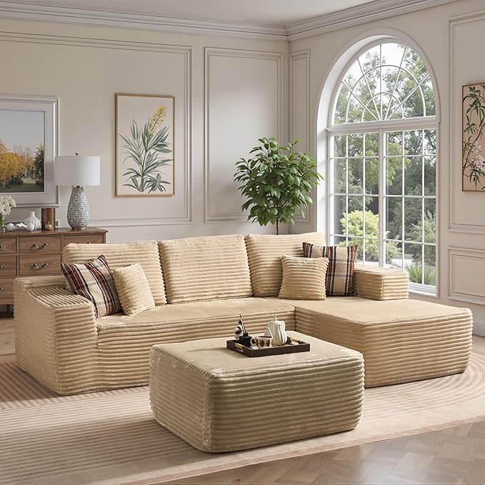 106 Cloud Sectional Couch with Comfy Chaise and OttomanPlush Corduroy Boneless Couches for Living RoomU Shaped Sofa in A Box No Assembly RequireBeige