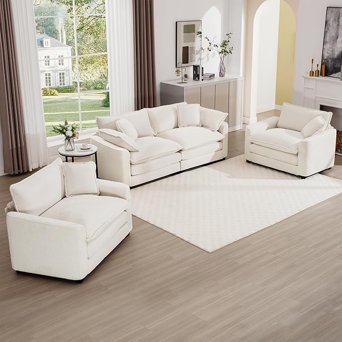 mikibama Luxury 3 Piece Sofa Set Loveseat Couch &amp 2 Single Sofa Set Modern Corduroy Comfy Cloud Couches Set for Living Room Office with 2 Armrest Pillows and 4 Toss Pillows Beige