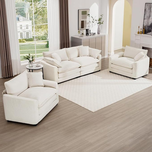 mikibama Luxury 3 Piece Sofa Set Loveseat Couch &amp 2 Single Sofa Set Modern Corduroy Comfy Cloud Couches Set for Living Room Office with 2 Armrest Pillows and 4 Toss Pillows Beige