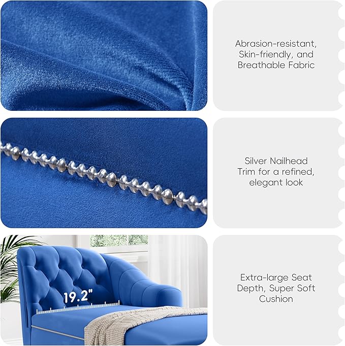Velvet Upholstered Sofa Chaise Loungers 58 Chaise Lounge with Nailhead Trim and Solid Wood Legs Button Tufted Right Arm Facing Lounge Chair for Living Room Sleeper Lounge Sofa